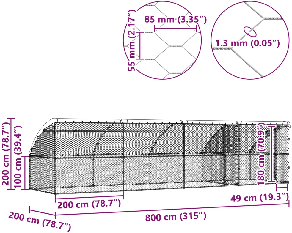 Šunų narvas 4 vnt. Sidabro 8 x 2 x 2 m Galvanizuotas plienas