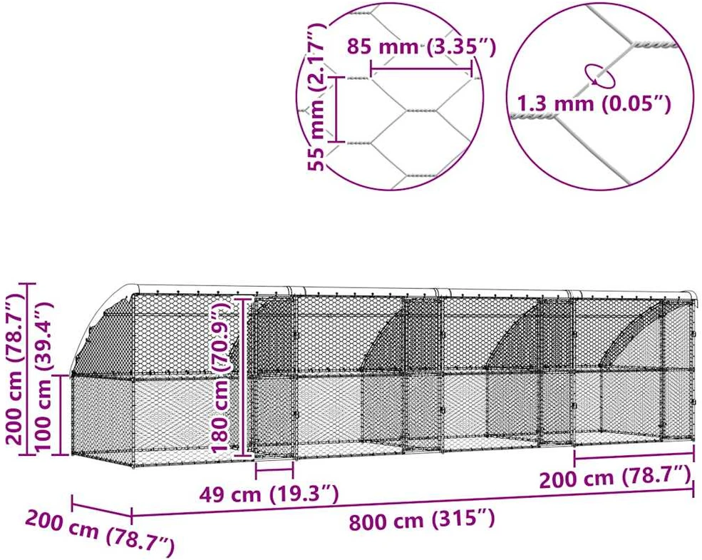 Šunų narvas 4 vnt. Sidabro 8 x 2 x 2 m Galvanizuotas plienas