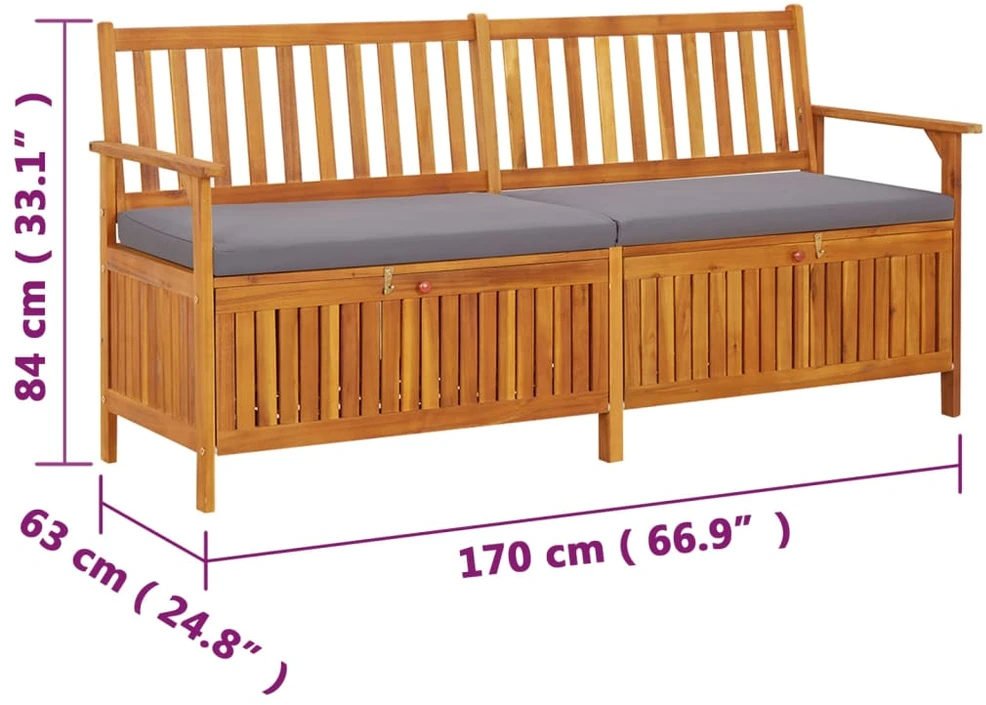 Suoliukas-daiktadėžė su pagalvėle, 170cm, akacijos masyvas