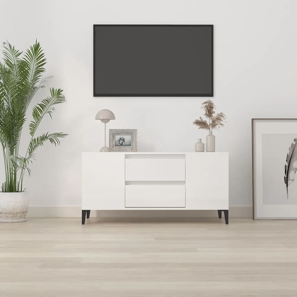 TV staliukas Televizoriaus spintelė, balta, 102x44,5x50cm, mediena, blizgi