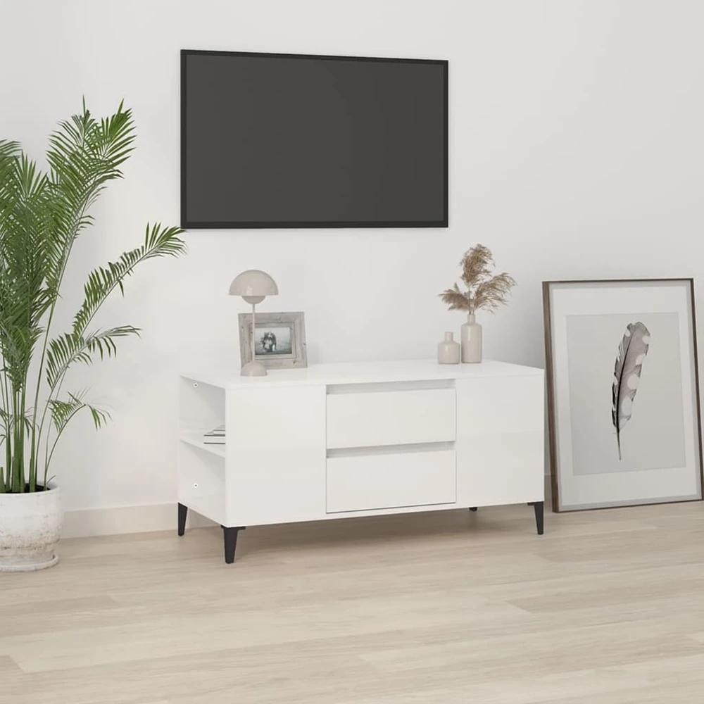 TV staliukas Televizoriaus spintelė, balta, 102x44,5x50cm, mediena, blizgi