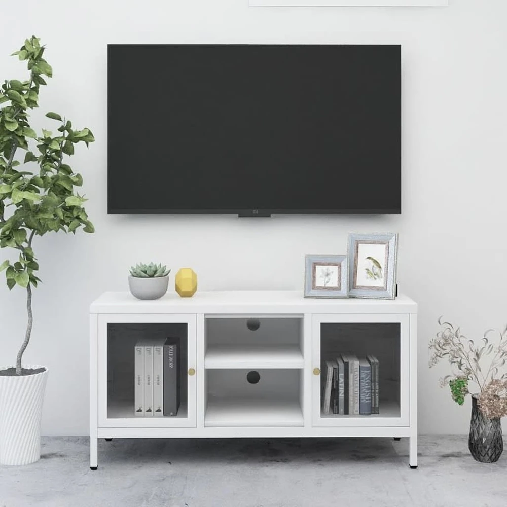 TV staliukas Televizoriaus spintelė, balta, 105x35x52cm, plienas ir stiklas