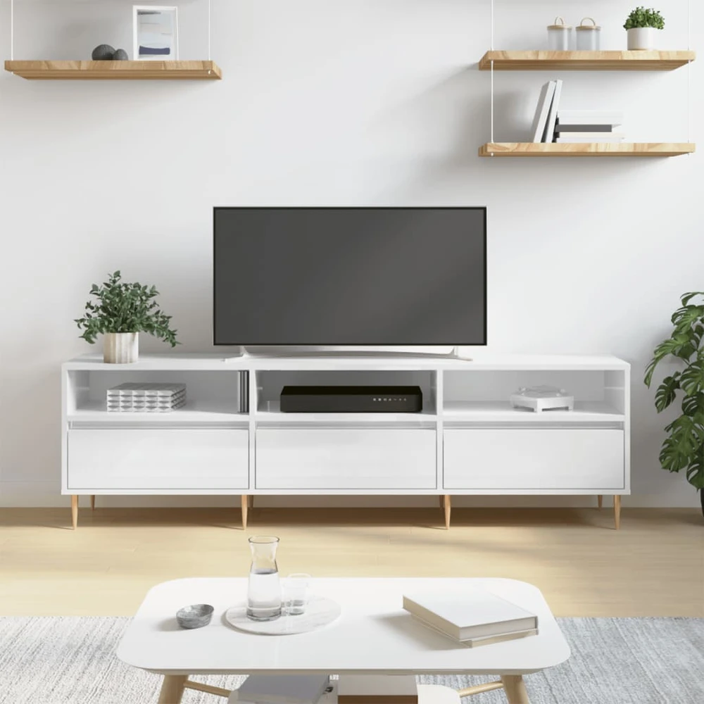 TV staliukas Televizoriaus spintelė, balta, 150x30x44,5cm, mediena, blizgi