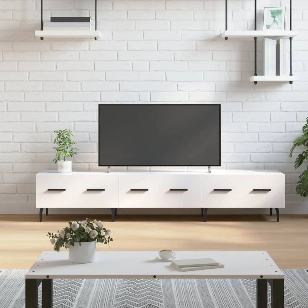 TV staliukas Televizoriaus spintelė, balta, 150x36x30cm, mediena, blizgi