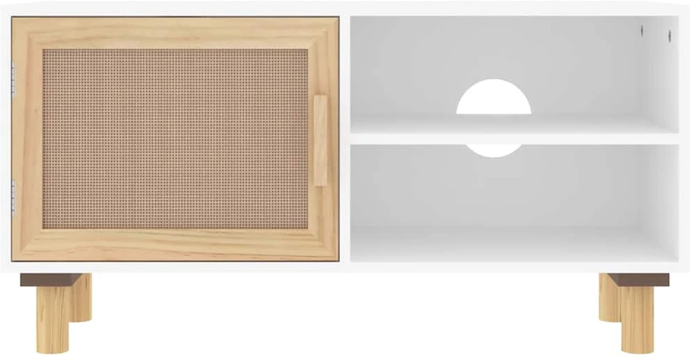 TV staliukas Televizoriaus spintelė, balta, 80x30x40cm, pušis ir ratanas