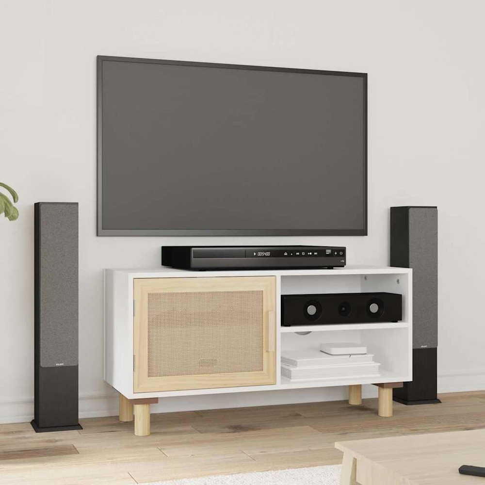 TV staliukas Televizoriaus spintelė, balta, 80x30x40cm, pušis ir ratanas