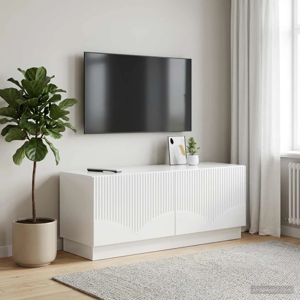 TV staliukas Televizoriaus spintelė Itin blizgi balta Apdirbta mediena