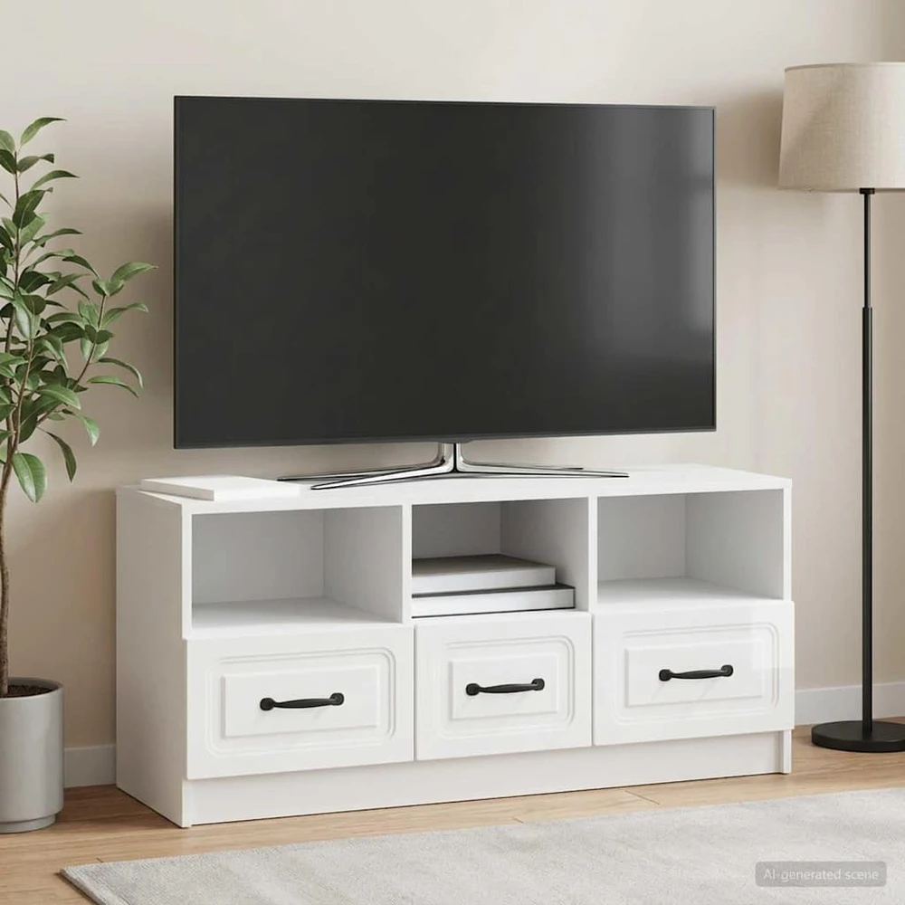 TV staliukas Televizoriaus spintelė Itin blizgi balta 102 x 34,5 x 47 cm