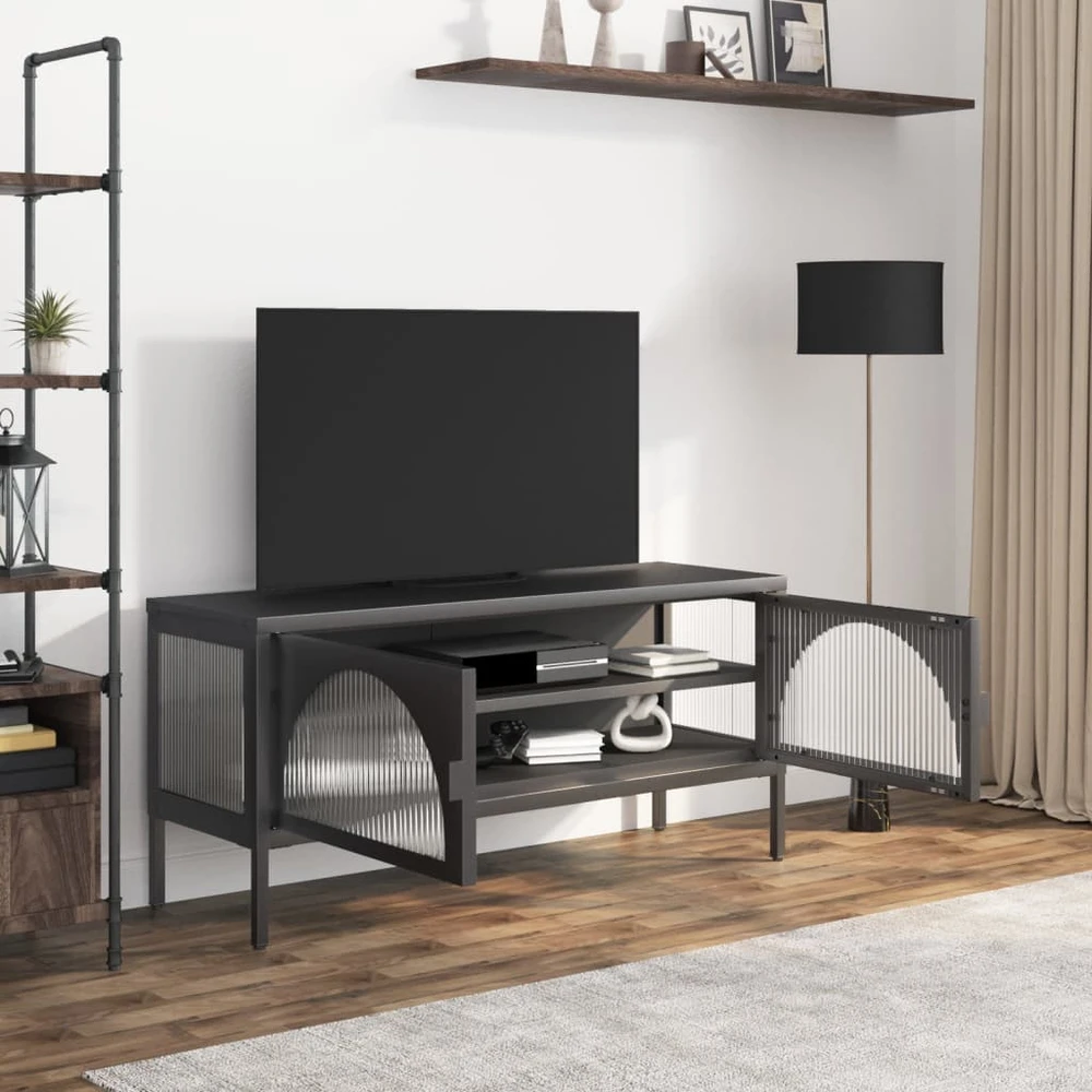TV staliukas Televizoriaus spintelė, juoda, 105x35x50cm, stiklas ir plienas