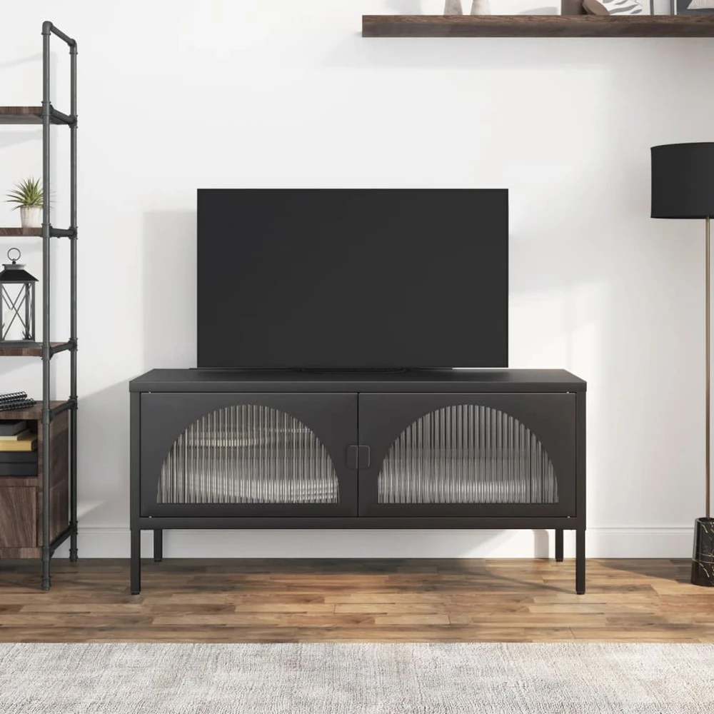TV staliukas Televizoriaus spintelė, juoda, 105x35x50cm, stiklas ir plienas