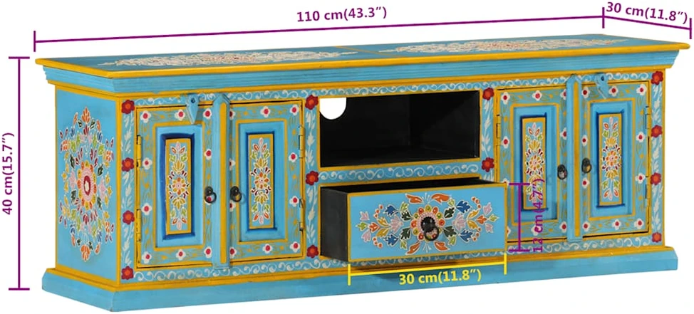 TV staliukas Televizoriaus spintelė, mėlyna, 110x30x40cm, mango masyvas
