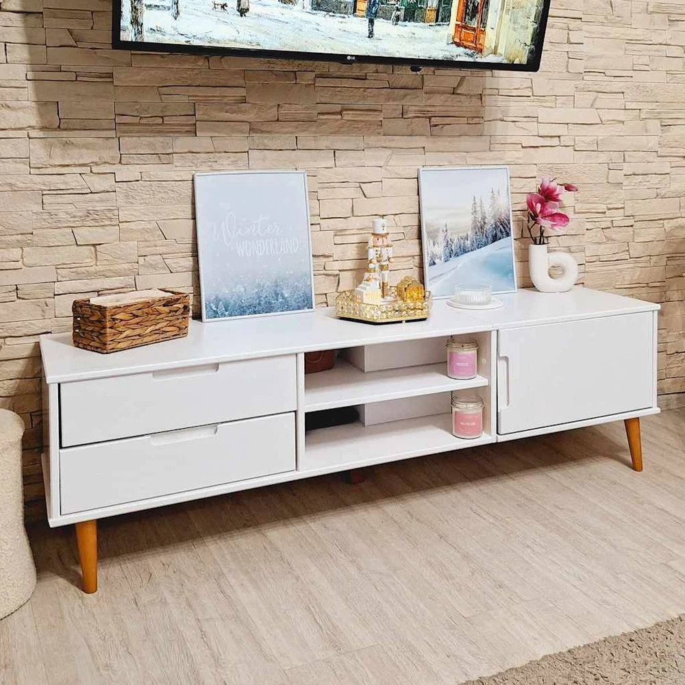 TV staliukas Televizoriaus spintelė MOLDE, balta, 158x40x49cm, pušis