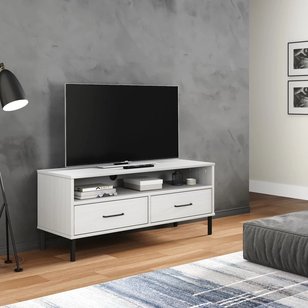 TV staliukas Televizoriaus spintelė su kojomis, balta, pušies masyvas, OSLO