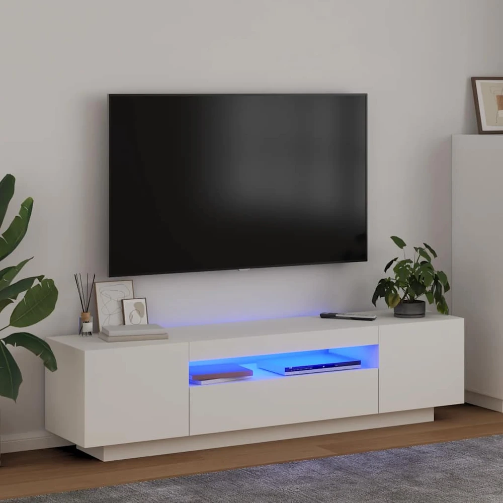 TV staliukas Televizoriaus spintelė su LED apšvietimu, balta, 160x35x40cm