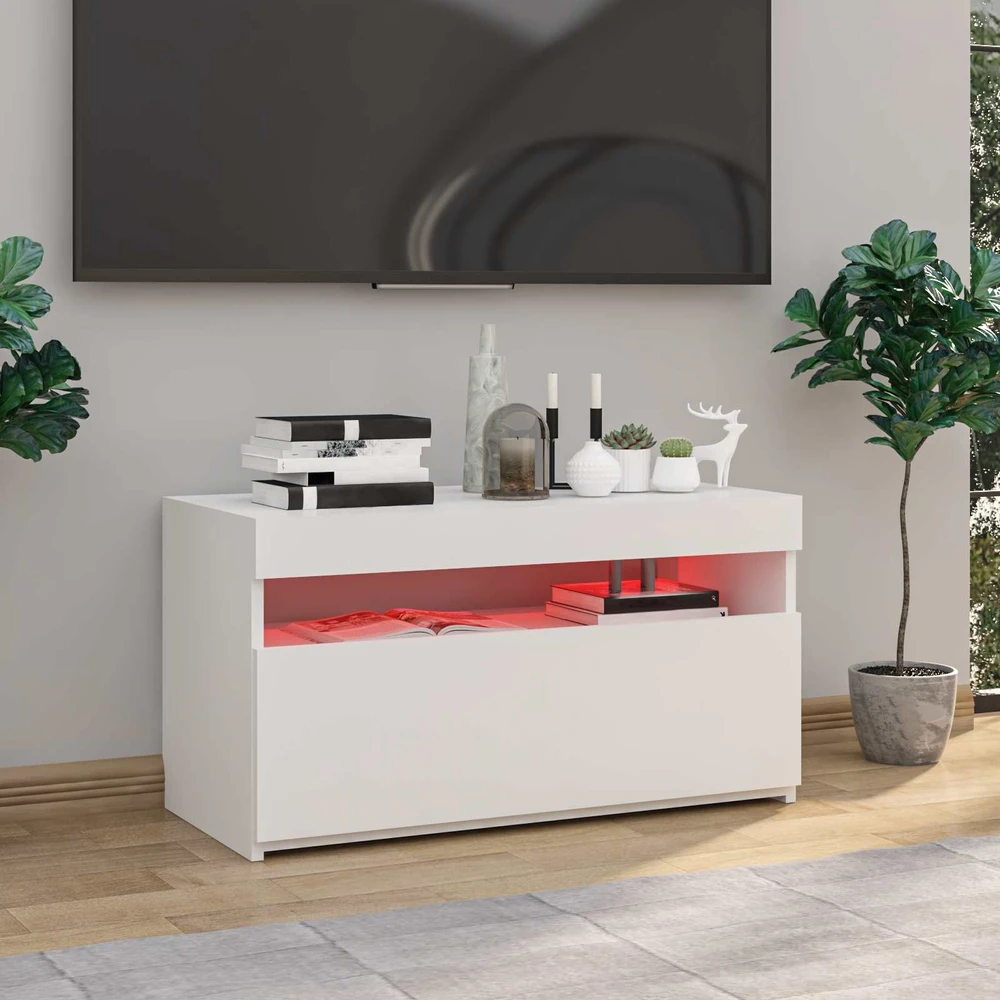 TV staliukas Televizoriaus spintelė su LED apšvietimu, balta, 75x35x40cm