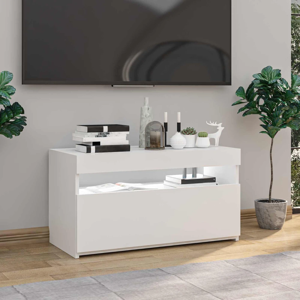 TV staliukas Televizoriaus spintelė su LED apšvietimu, balta, 75x35x40cm