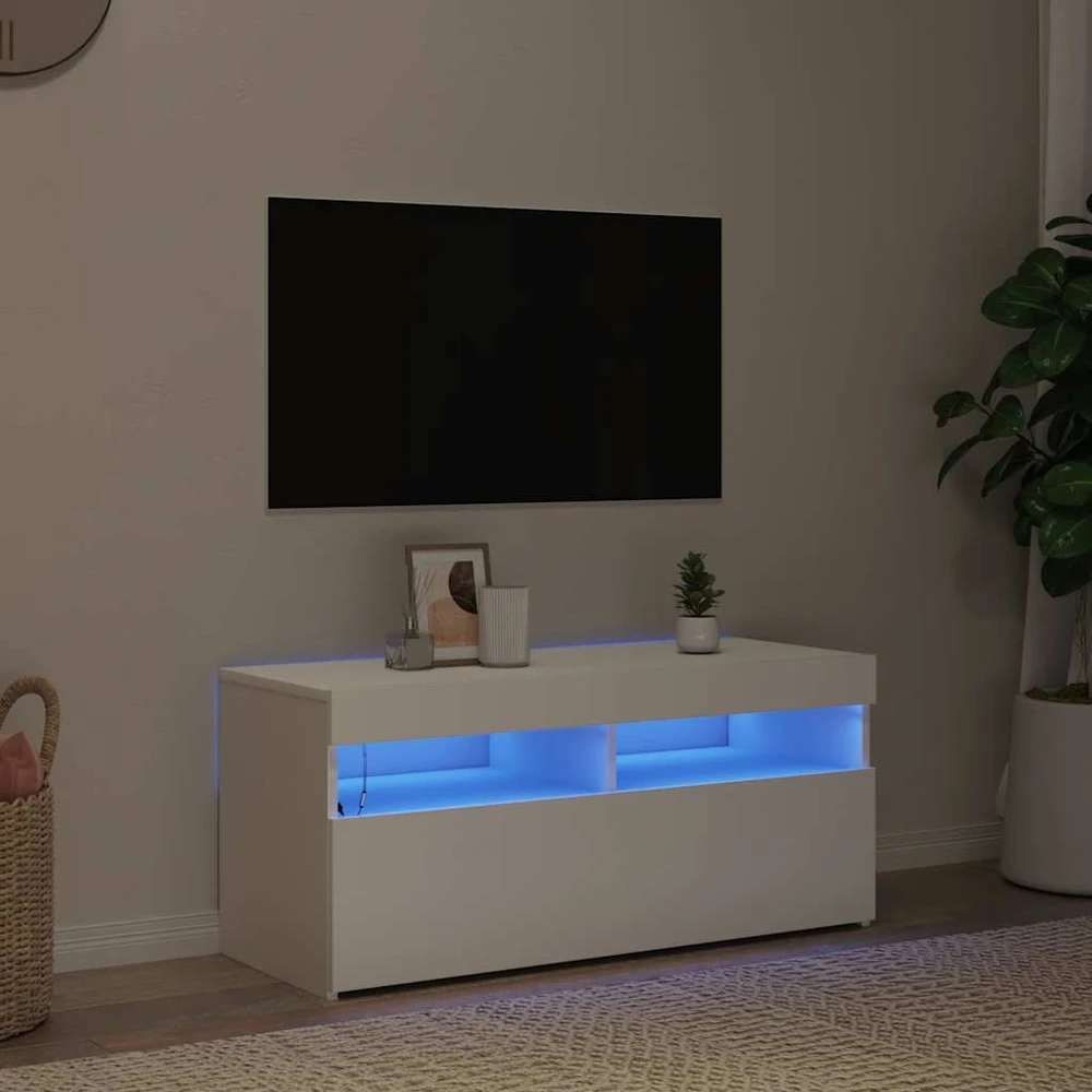 TV staliukas Televizoriaus spintelė su LED apšvietimu, balta, 90x35x40cm