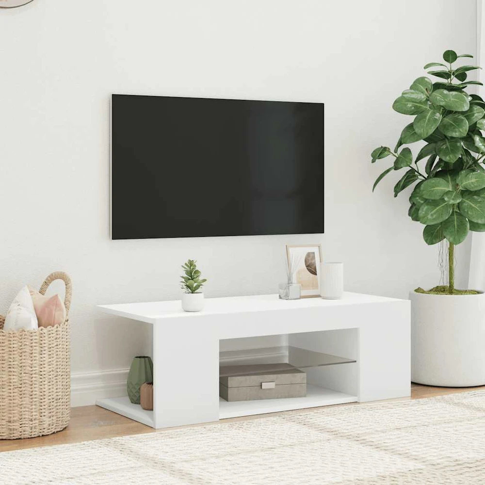TV staliukas Televizoriaus spintelė su LED apšvietimu, balta, 90x39x30cm