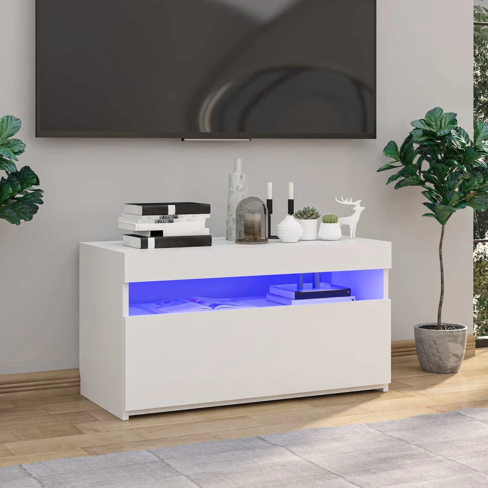 TV staliukas Televizoriaus spintelė su LED apšvietimu, balta, 75x35x40cm