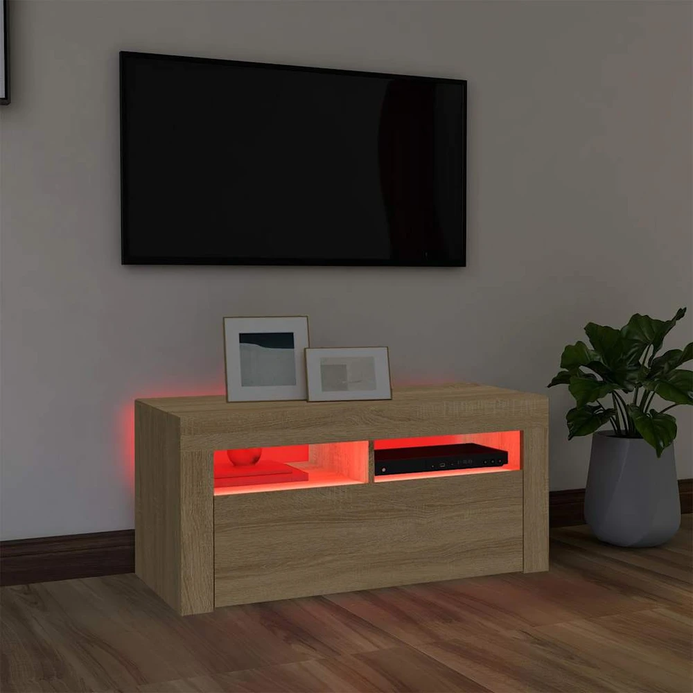TV staliukas Televizoriaus spintelė su LED apšvietimu, ąžuolo, 90x35x40cm