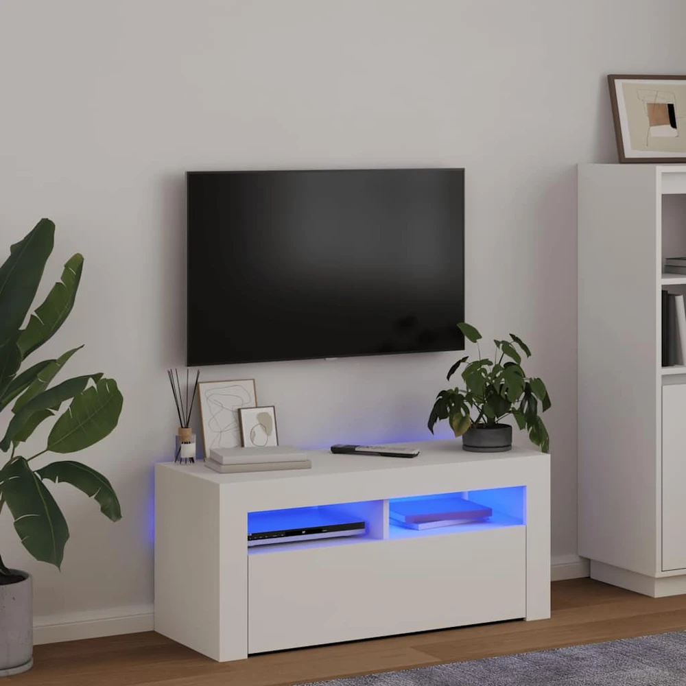 TV staliukas Televizoriaus spintelė su LED apšvietimu, balta, 90x35x40cm