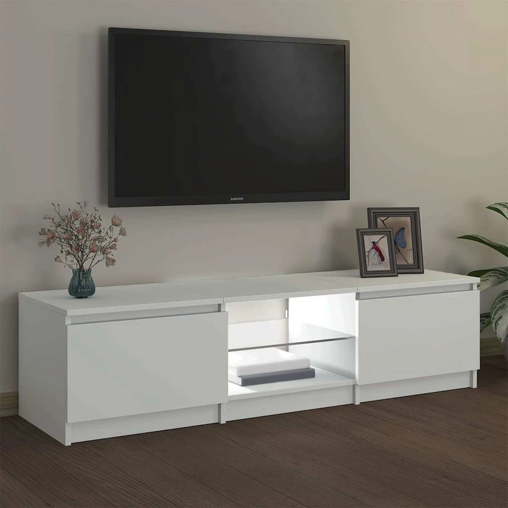 TV staliukas Televizoriaus spintelė su LED apšvietimu, balta, 140x40x35,5cm