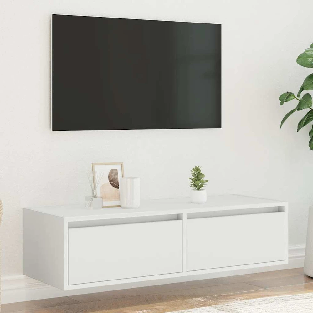 TV staliukas Televizoriaus spintelė su LED apšvietimu, balta, 100X35,5x25 cm