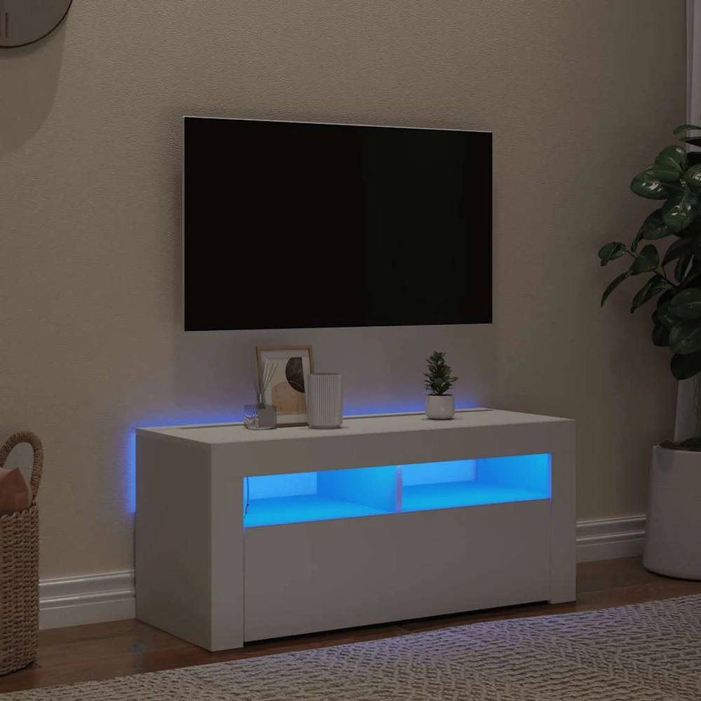 TV staliukas Televizoriaus spintelė su LED apšvietimu, balta, 90x35x40cm