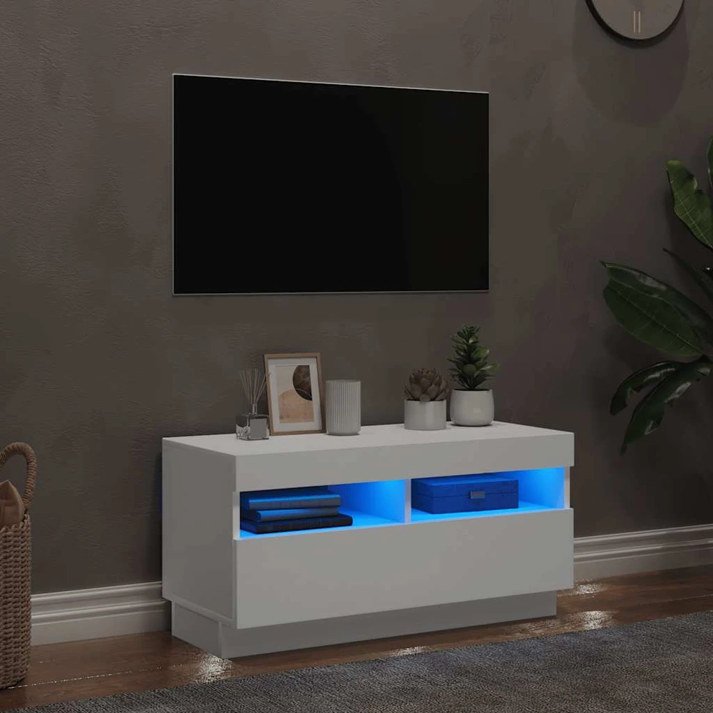 TV staliukas Televizoriaus spintelė su LED apšvietimu, balta, 80x35x40cm