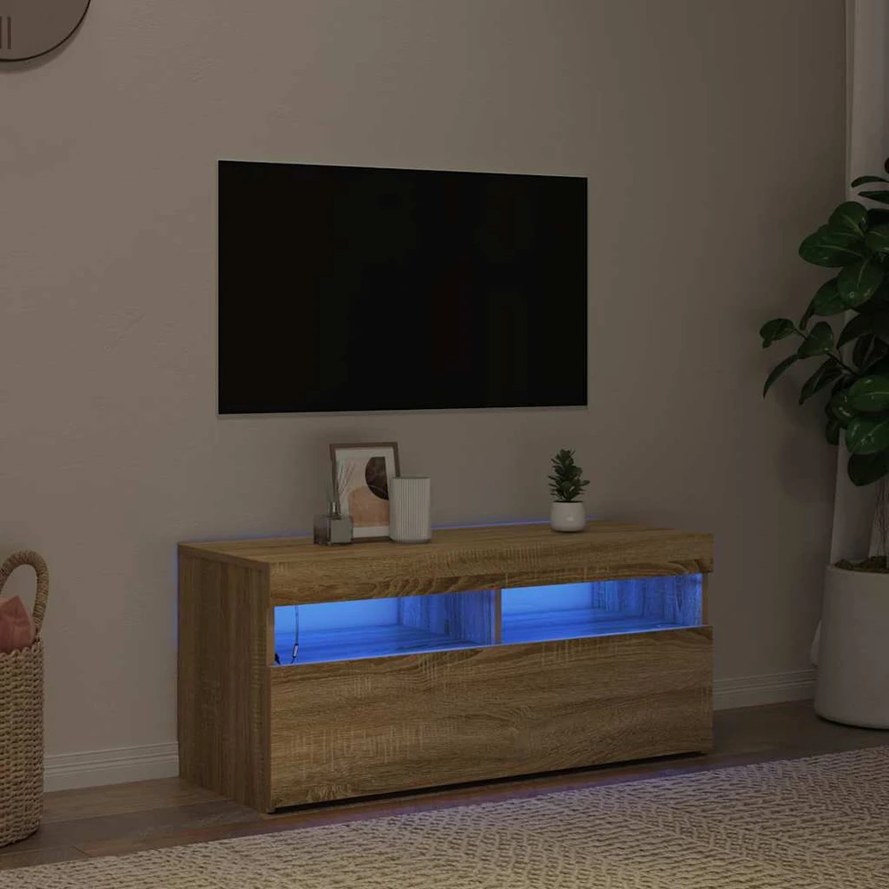 TV staliukas Televizoriaus spintelė su LED apšvietimu, ąžuolo, 90x35x40cm