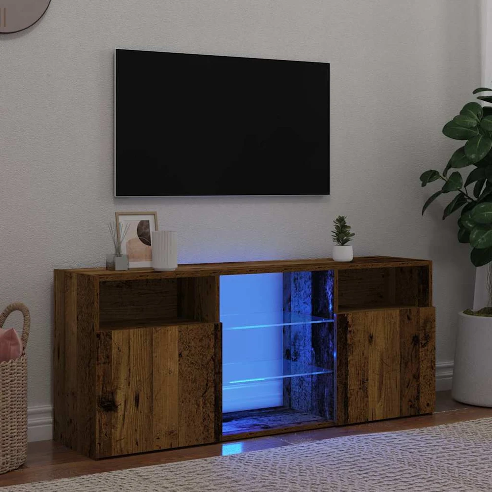 TV staliukas televizoriaus spintelė su LED lemputėmis, sena mediena
