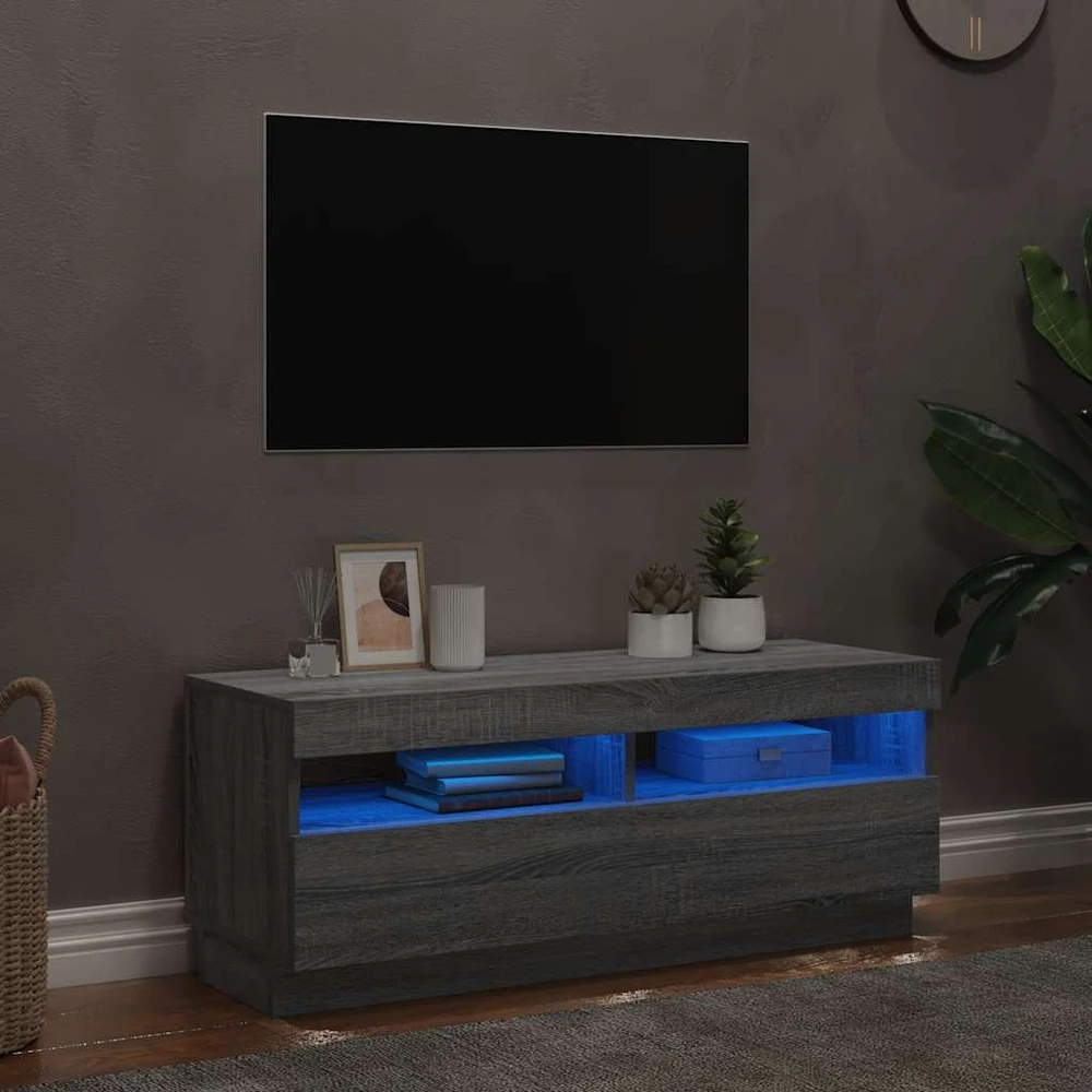 TV staliukas Televizoriaus spintelė su LED, pilka ąžuolo, 100x35x40cm