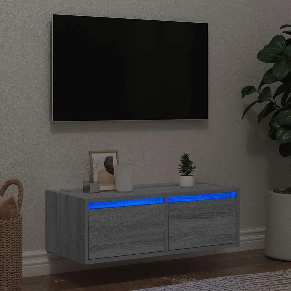 TV staliukas Televizoriaus spintelė su LED, pilka ąžuolo, 75x35,5x25 cm