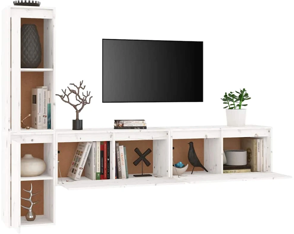 TV staliukas Televizoriaus spintelės, 4vnt., baltos, pušies medienos masyvas