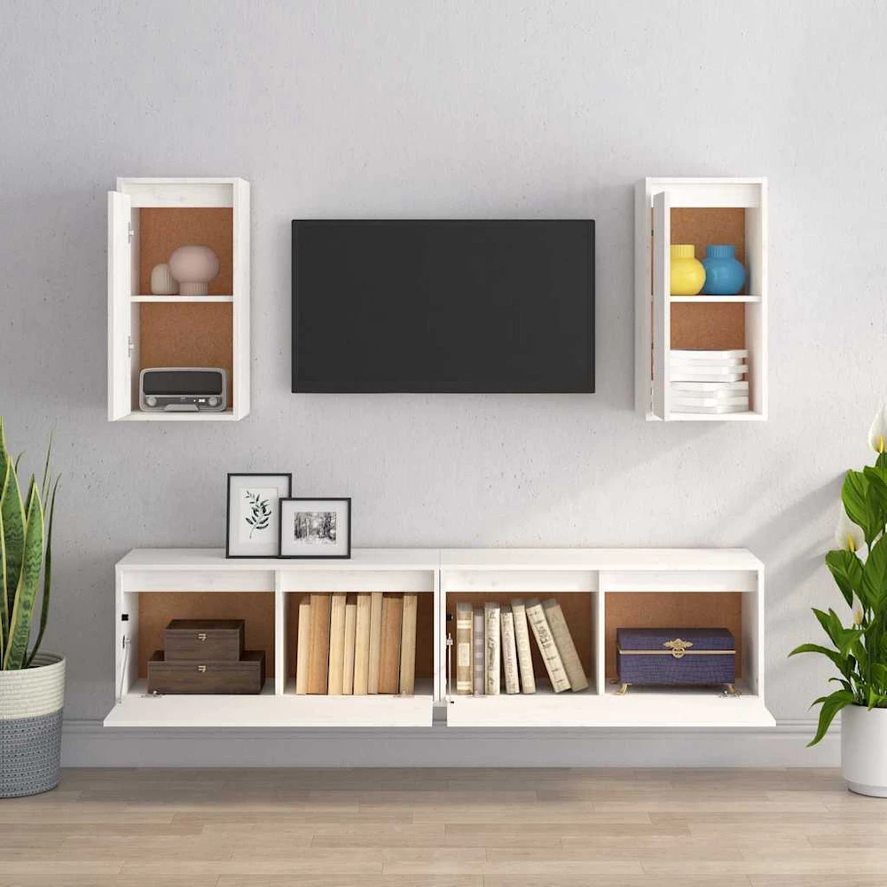 TV staliukas Televizoriaus spintelės, 4vnt., baltos, pušies medienos masyvas