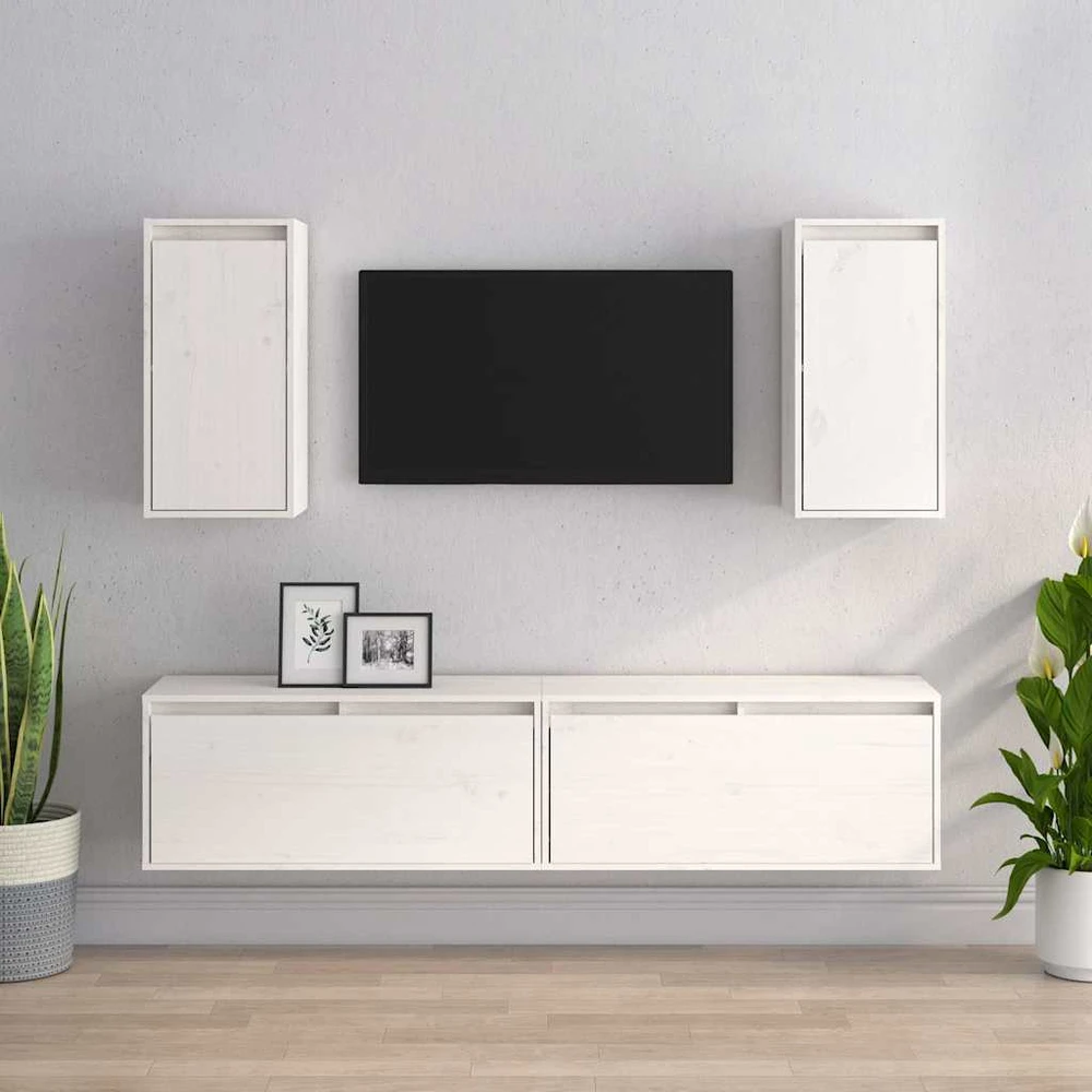 TV staliukas Televizoriaus spintelės, 4vnt., baltos, pušies medienos masyvas