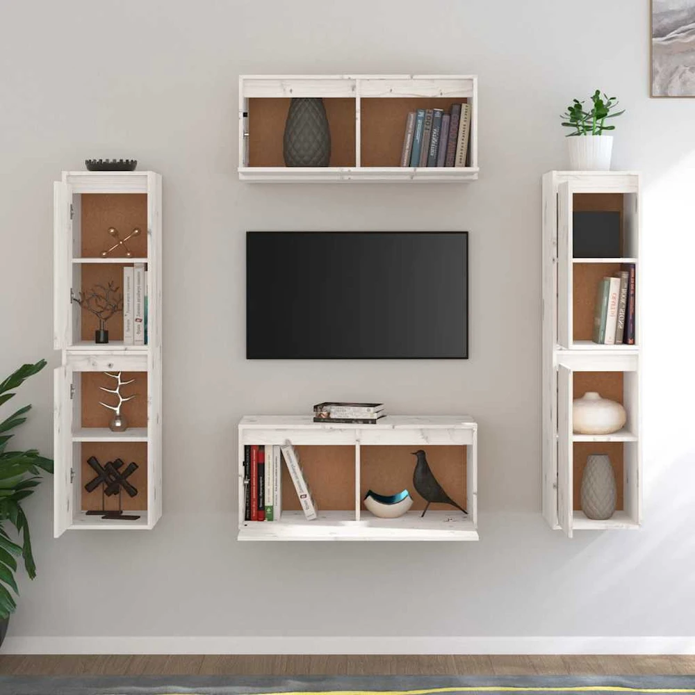 TV staliukas Televizoriaus spintelės, 6vnt., baltos, pušies medienos masyvas