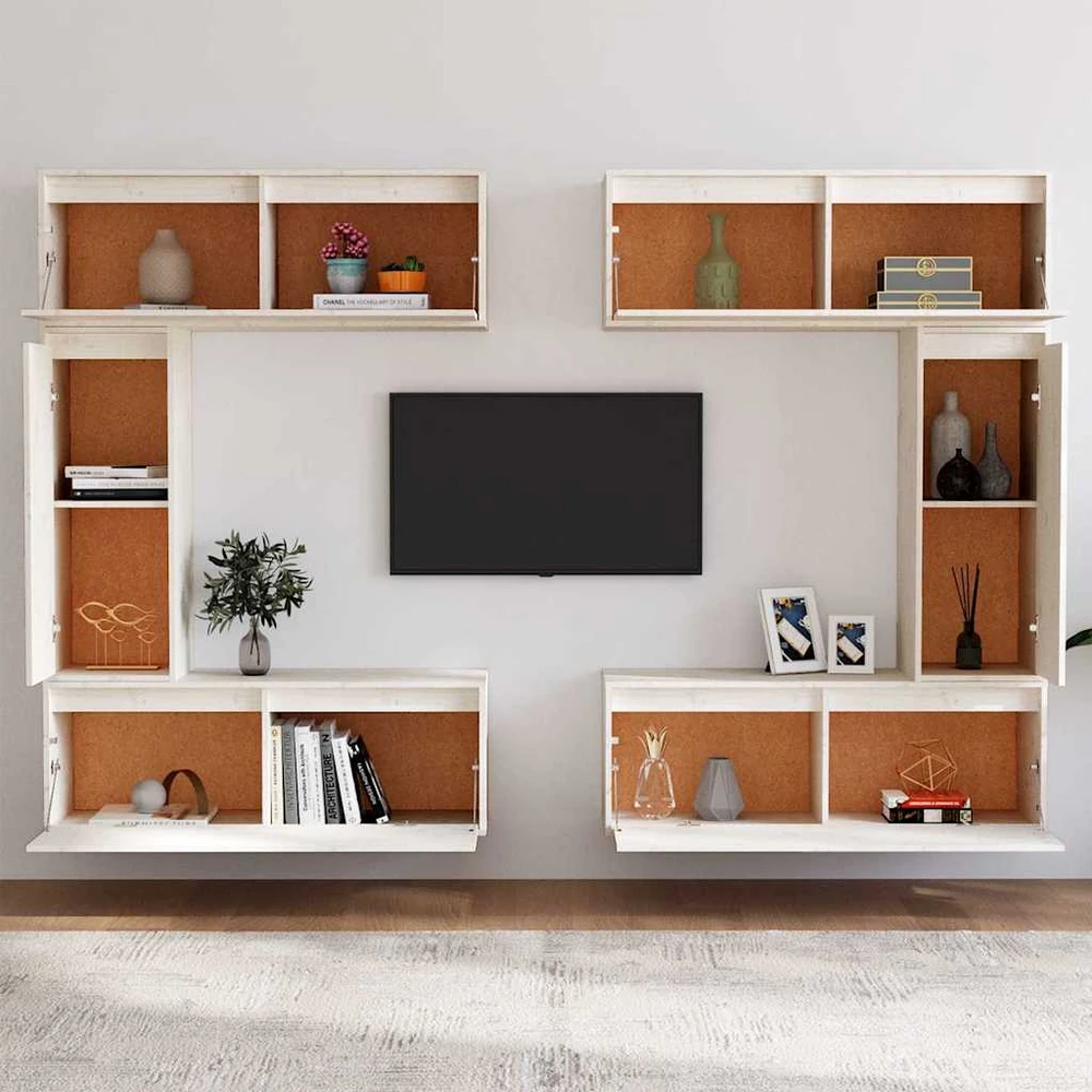 TV staliukas Televizoriaus spintelės, 6vnt., baltos, pušies medienos masyvas