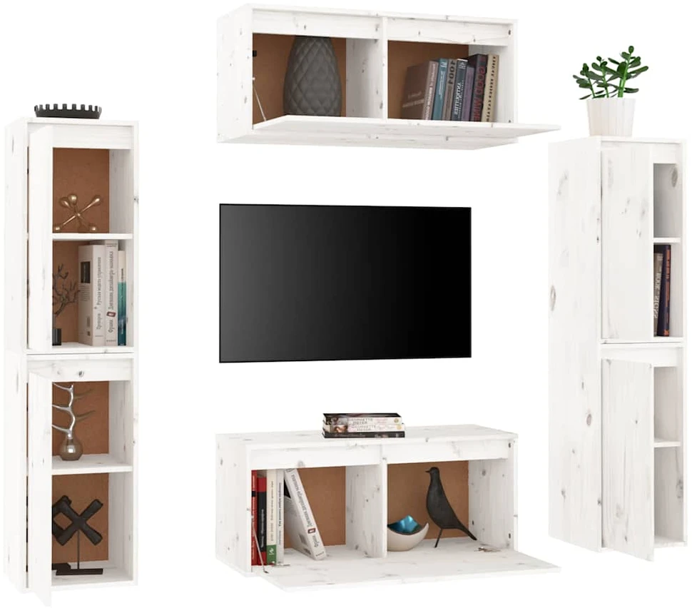 TV staliukas Televizoriaus spintelės, 6vnt., baltos, pušies medienos masyvas