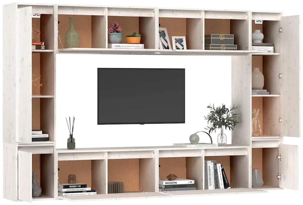 TV staliukas Televizoriaus spintelės, 8vnt., baltos, pušies medienos masyvas