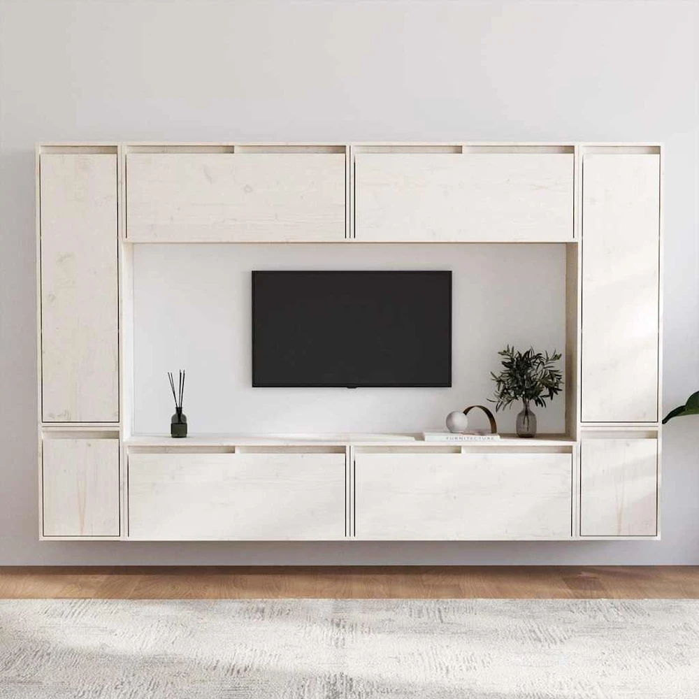 TV staliukas Televizoriaus spintelės, 8vnt., baltos, pušies medienos masyvas