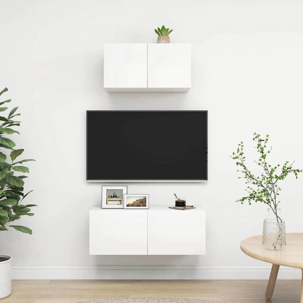 TV staliukas Televizoriaus spintelių komplektas, 2 dalių, baltas, mediena
