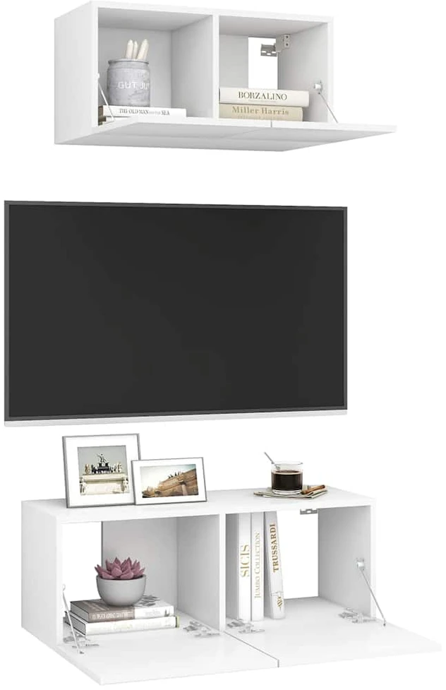 TV staliukas Televizoriaus spintelių komplektas, 2 dalių, baltas, mediena