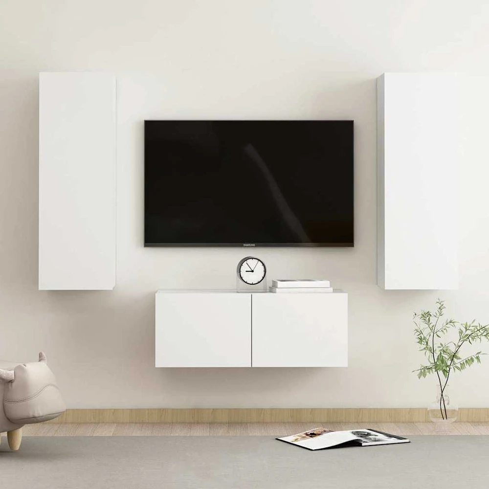 TV staliukas Televizoriaus spintelių komplektas, 3 dalių, baltas, mediena