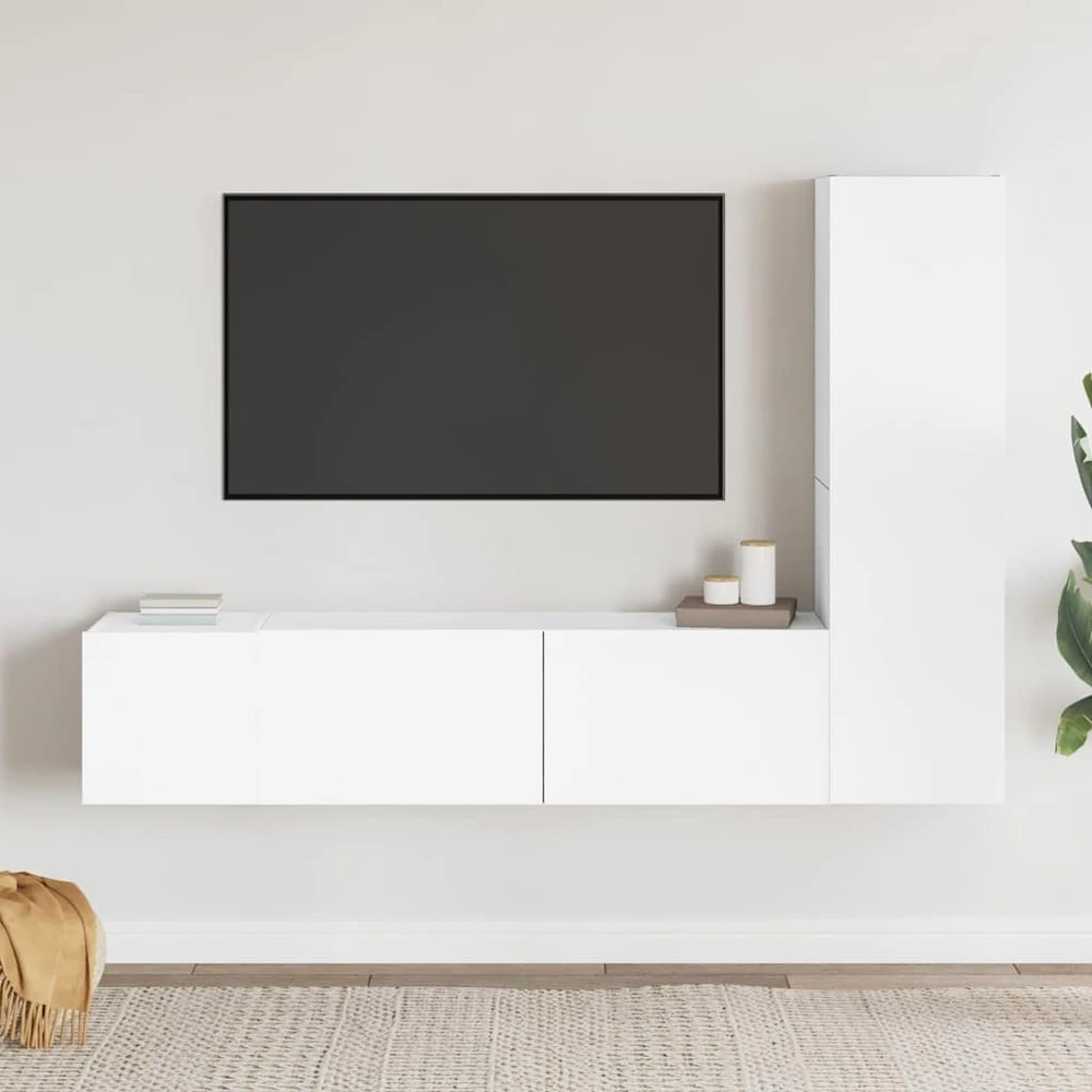 TV staliukas Televizoriaus spintelių komplektas, 3 dalių, baltas, mediena