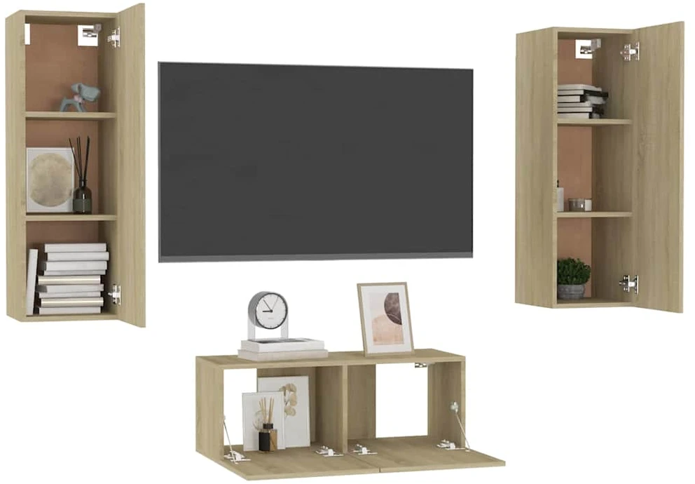 Televizoriaus spintelių komplektas, 3 dalių, ąžuolo, mediena