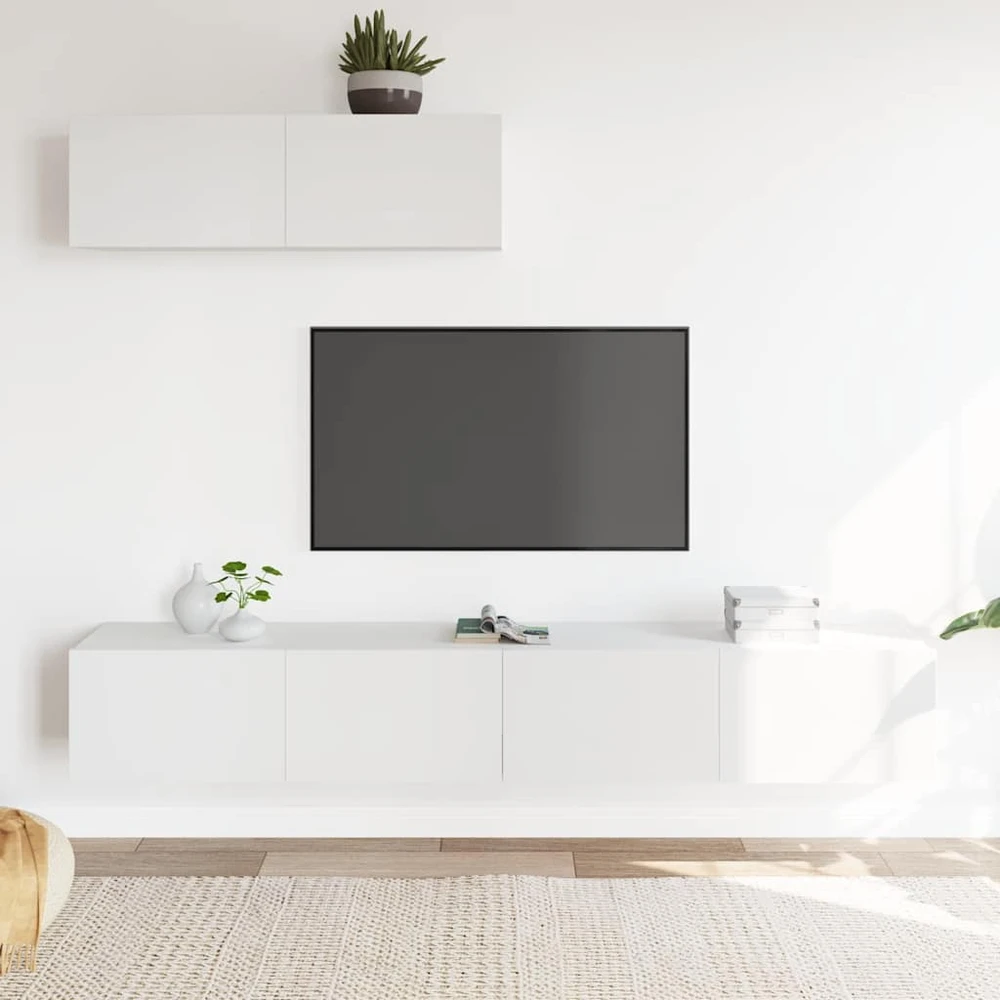 TV staliukas Televizoriaus spintelių komplektas, 3 dalių, baltas, mediena