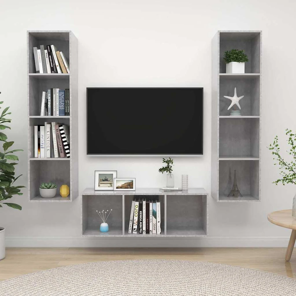 TV staliukas Televizoriaus spintelių komplektas, 3 dalių, betono pilkas, MDP