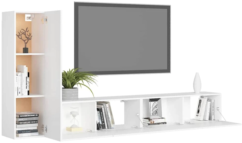 TV staliukas Televizoriaus spintelių komplektas, 3 dalių, baltas, mediena