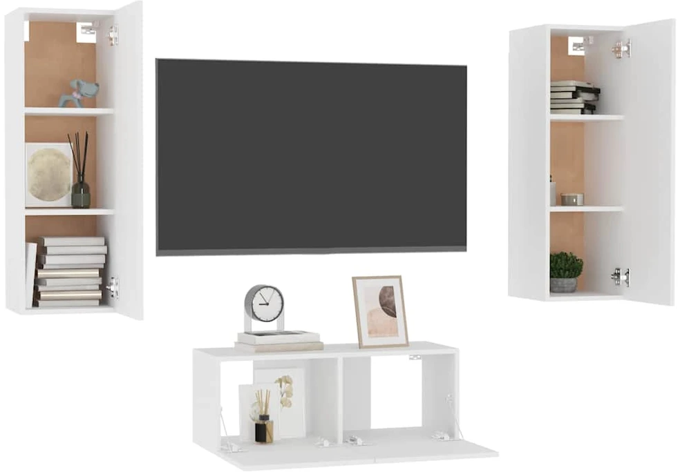 TV staliukas Televizoriaus spintelių komplektas, 3 dalių, baltas, mediena